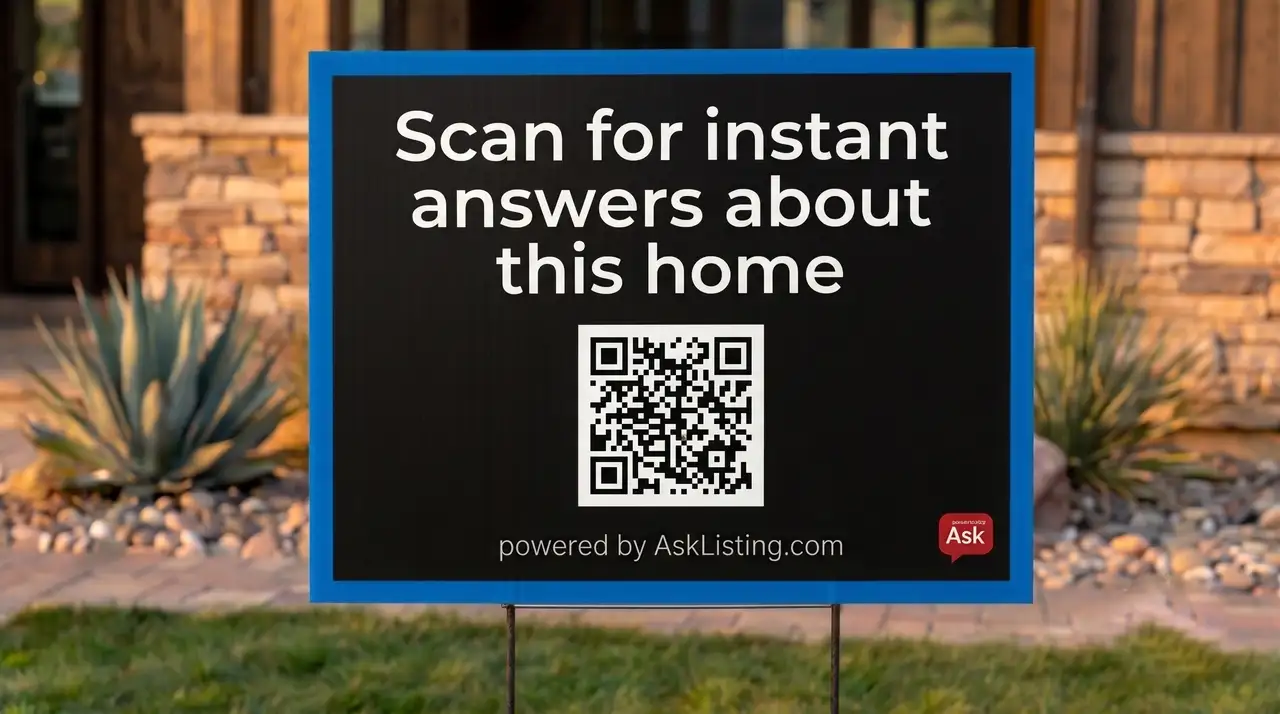 A real estate yard sign with a QR code a buyer can scan to text an AI about the listing