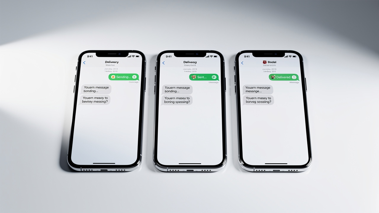 Three smartphones showing different SMS delivery statuses across major carriers
