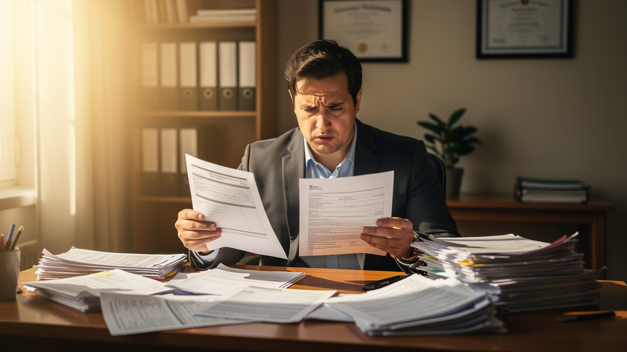 Real estate agent reviewing 10DLC registration paperwork with a frustrated expression