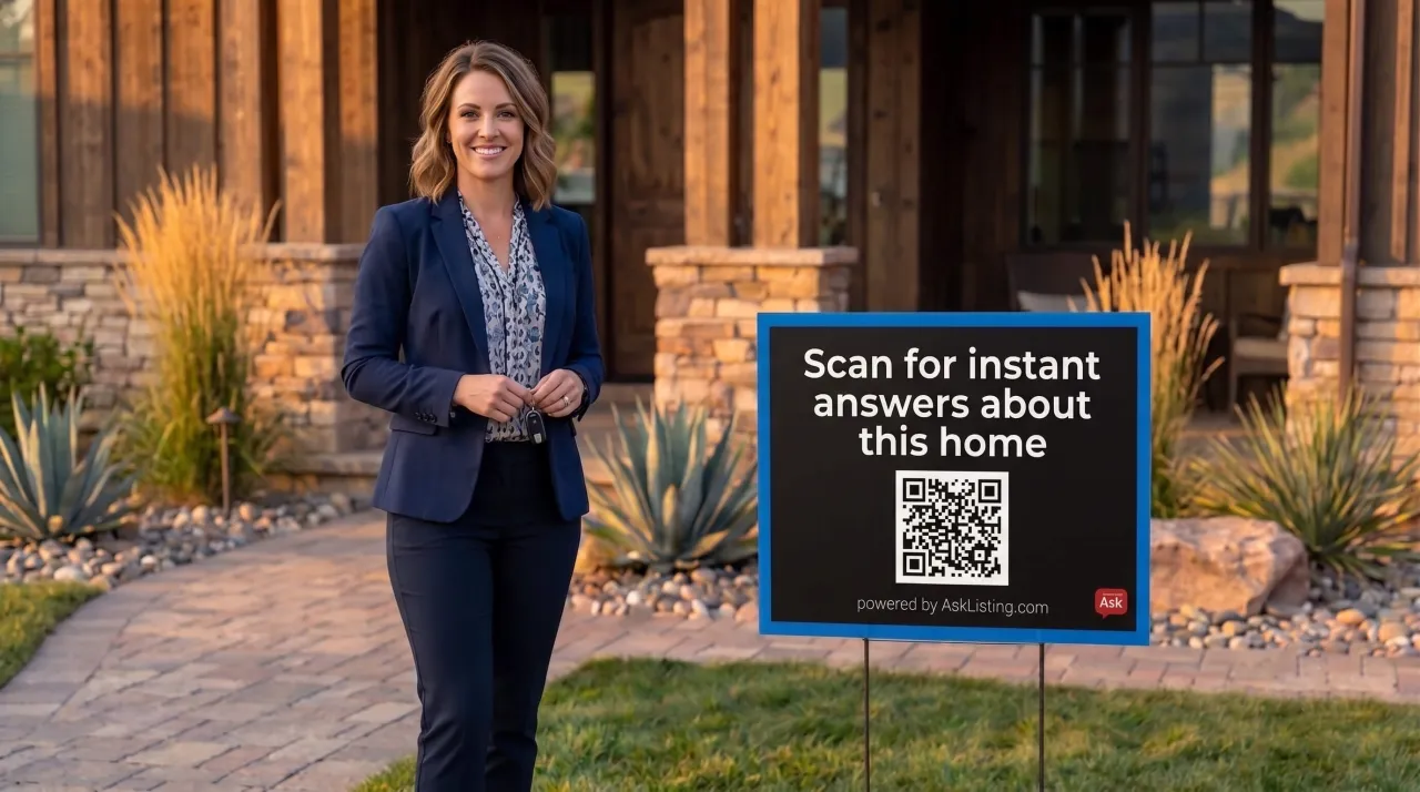 A real estate agent standing beside an AskListing QR sign rider at a listing