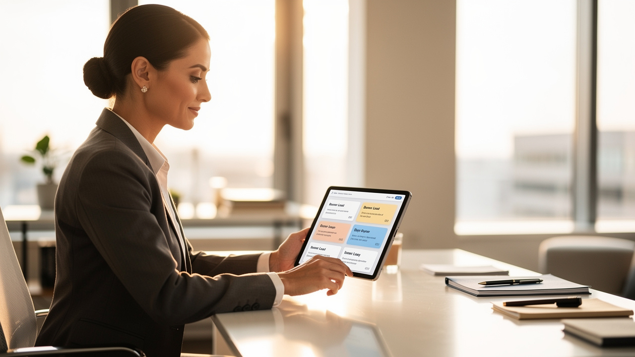 Real estate agent reviewing a buyer lead dashboard on a tablet showing conversation cards