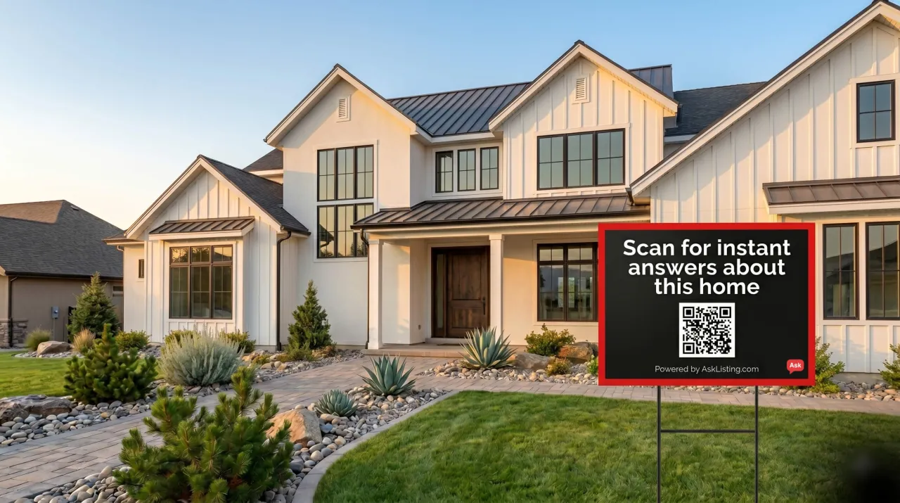 An AskListing QR code yard sign staked in front of a modern farmhouse listing