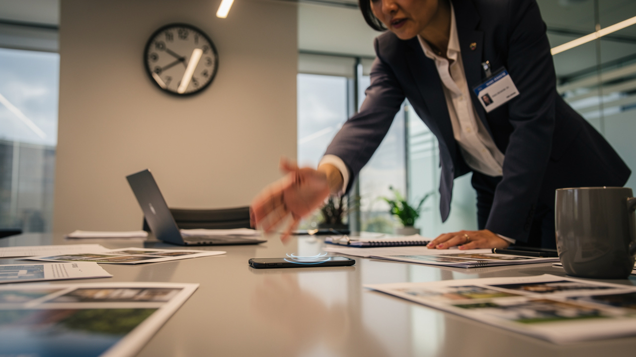 Real estate agent urgently reaching for a ringing phone with a wall clock visible in the background