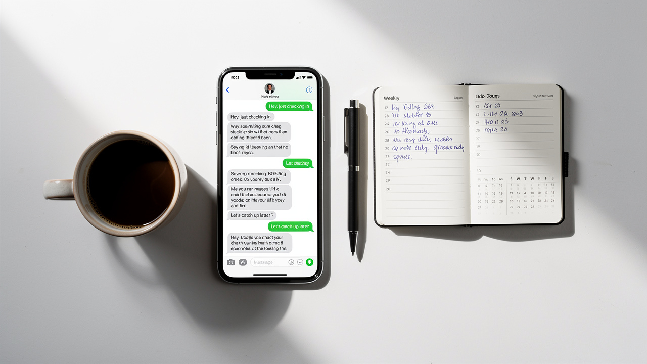 Overhead flat lay of a smartphone showing a multi-day text thread beside an open planner and coffee