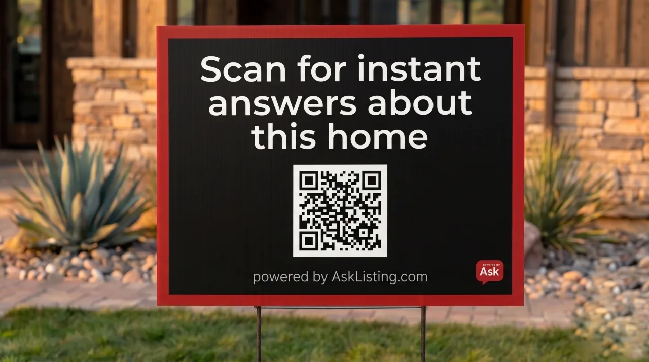 An AskListing QR yard sign marketing a home listing to passing buyers