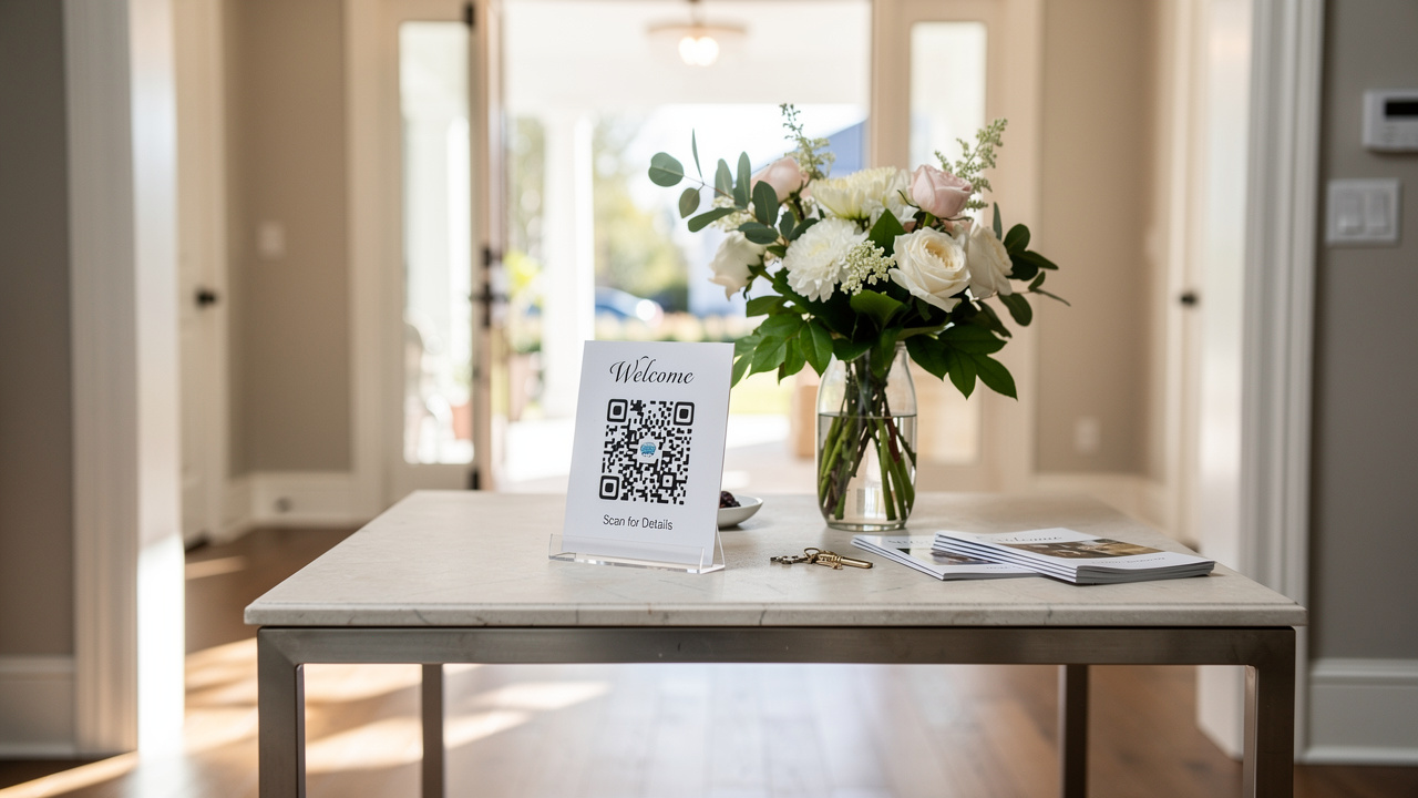 Elegant welcome table with a QR code display card at an open house entrance