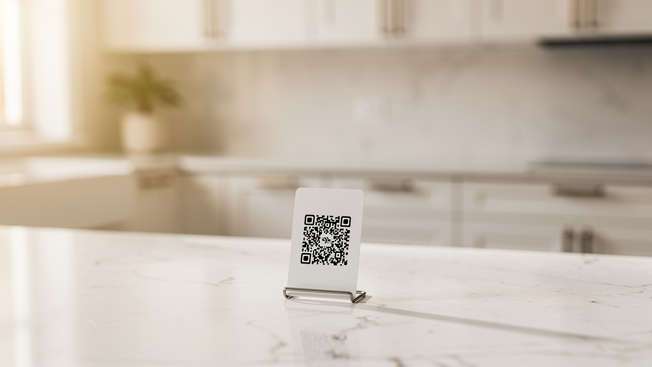 Elegant QR code card stand on a marble kitchen countertop in a staged home