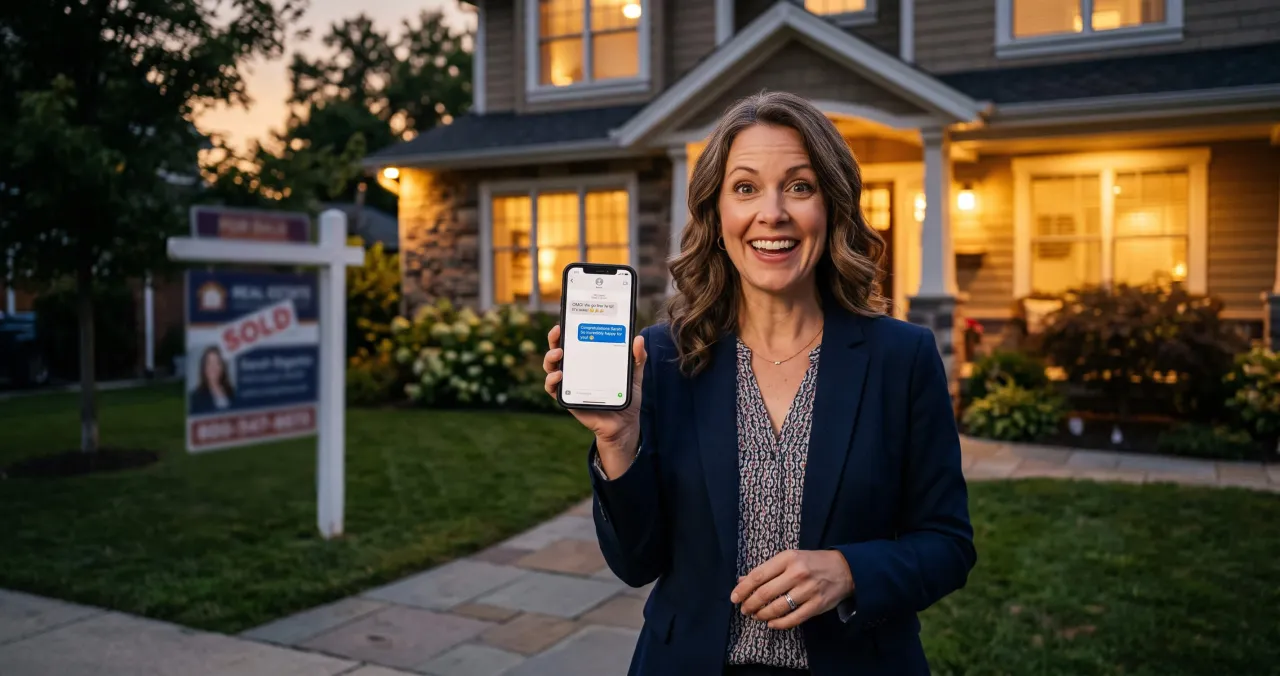 A real estate agent holds a phone showing an AskListing AI chat in front of a sold listing