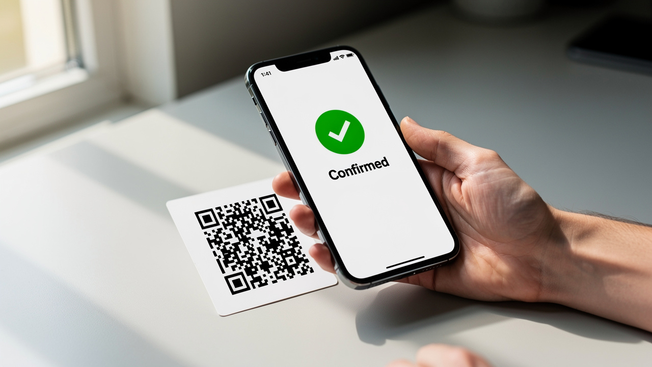 Hand holding a smartphone scanning a QR code on a printed card at a clean desk