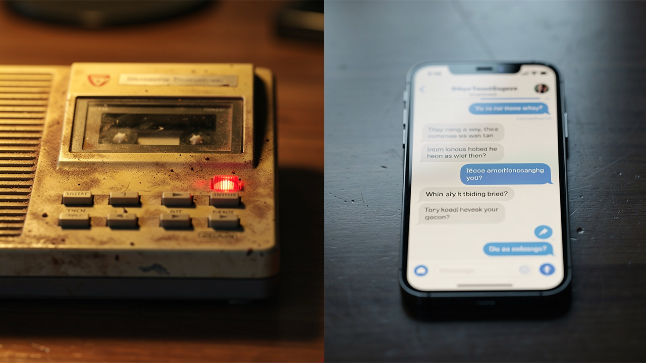 Vintage telephone answering machine beside a modern smartphone showing a chat conversation