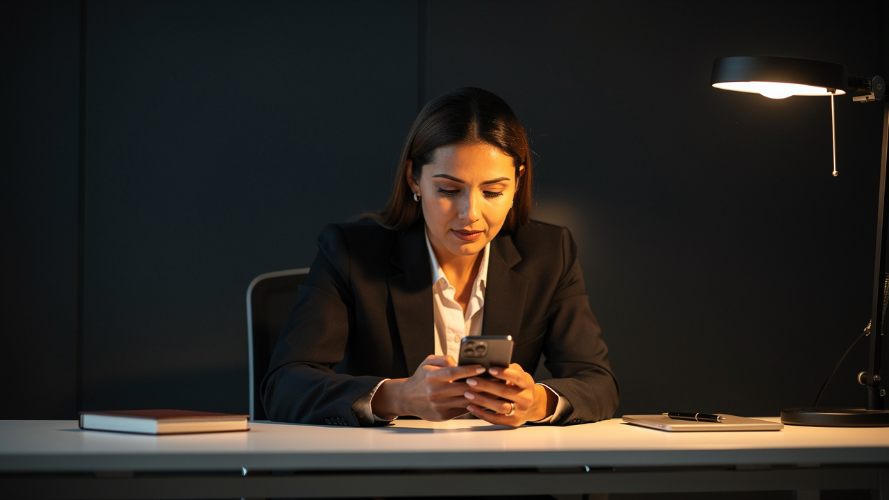 Real estate agent leaning forward composing a text message handoff on smartphone