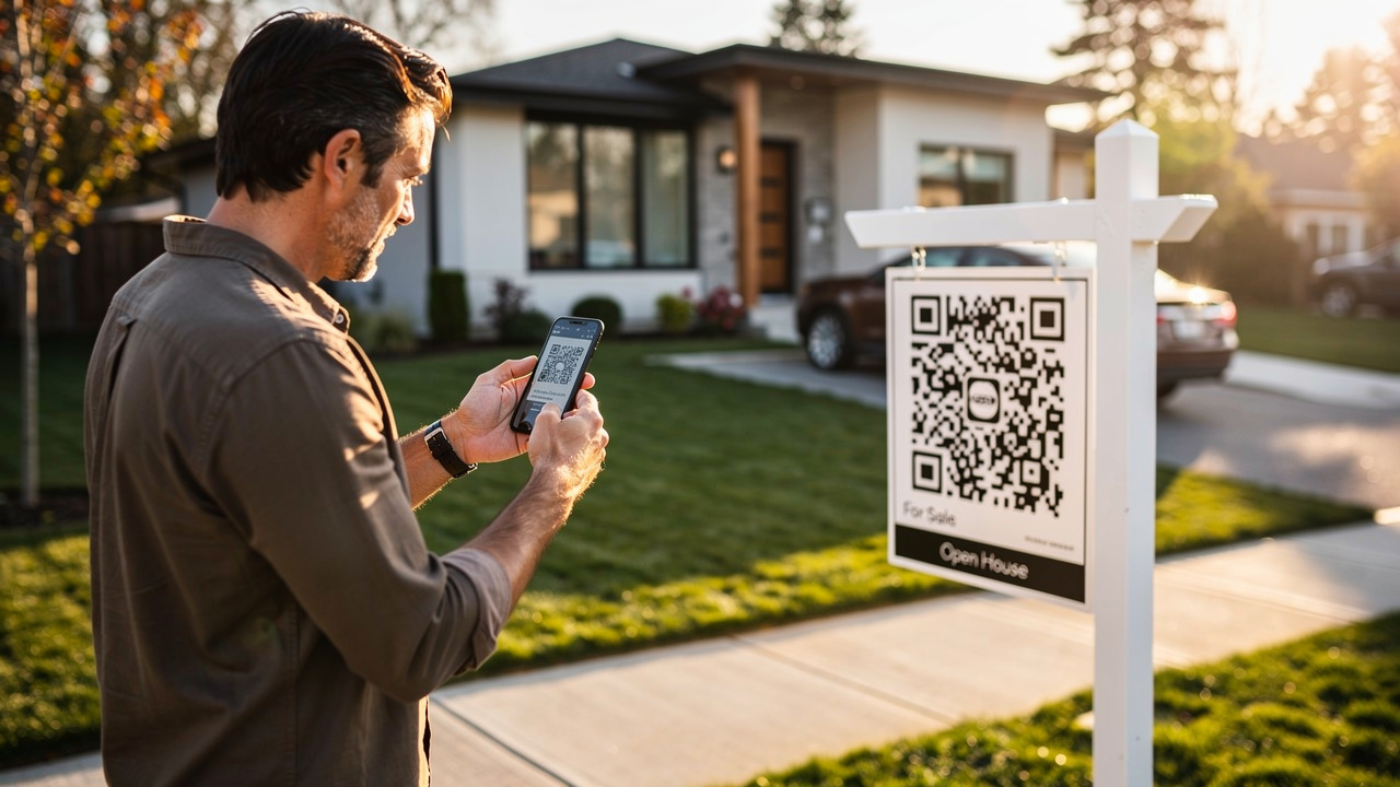 Home buyer scanning a for-sale yard sign QR code with their smartphone on a sunny sidewalk