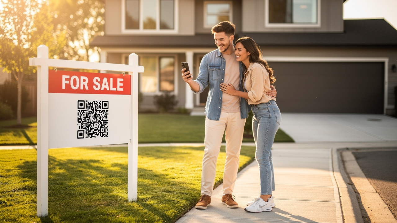Young couple scanning a for-sale yard sign QR code with a smartphone on a sunny sidewalk