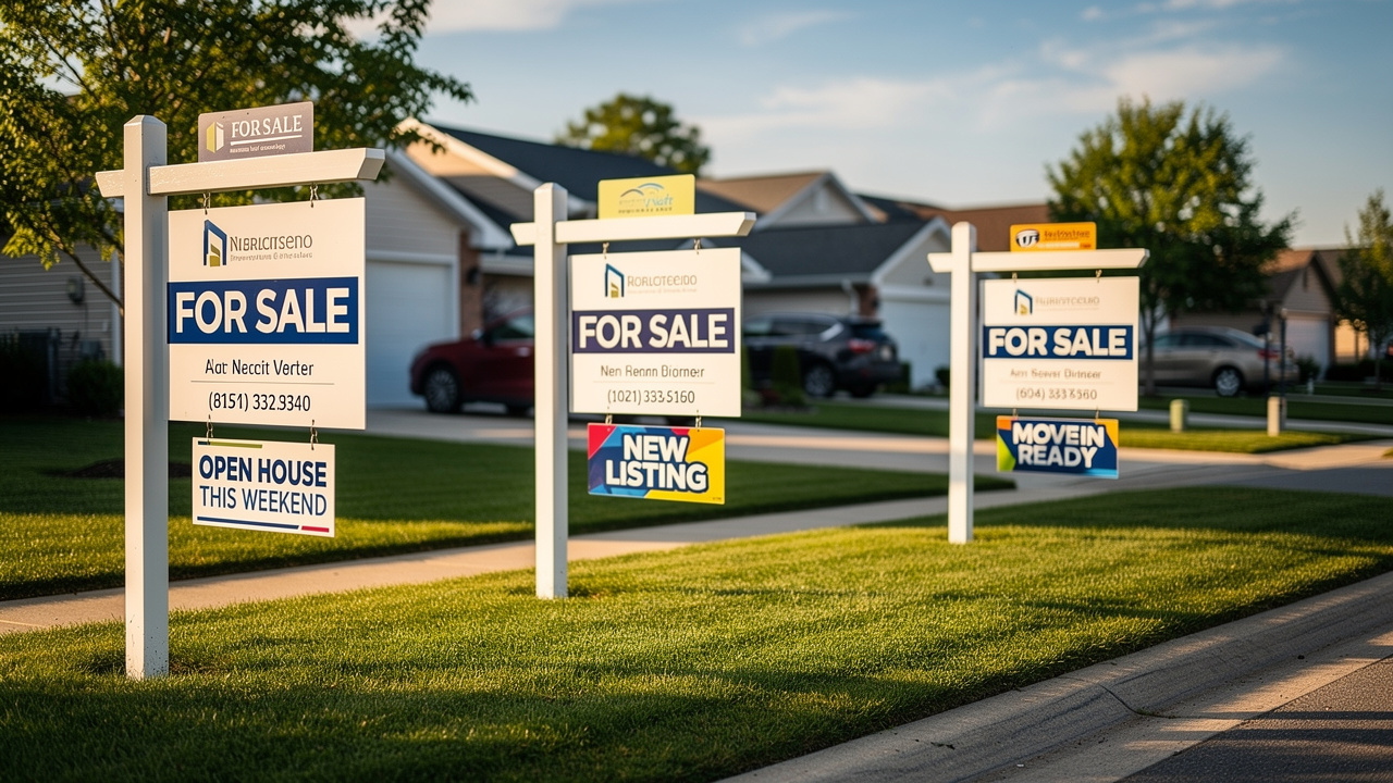 Three real estate for-sale yard signs with creative sign riders in a sunny suburban neighborhood