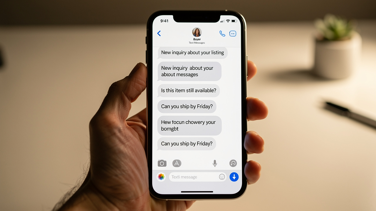 Smartphone showing multiple incoming buyer text notifications stacked on screen